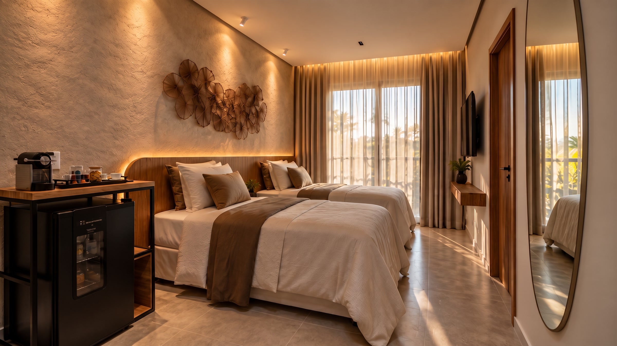 Quarto compartilhado com duas camas, cabeceira de madeira iluminada e cortinas